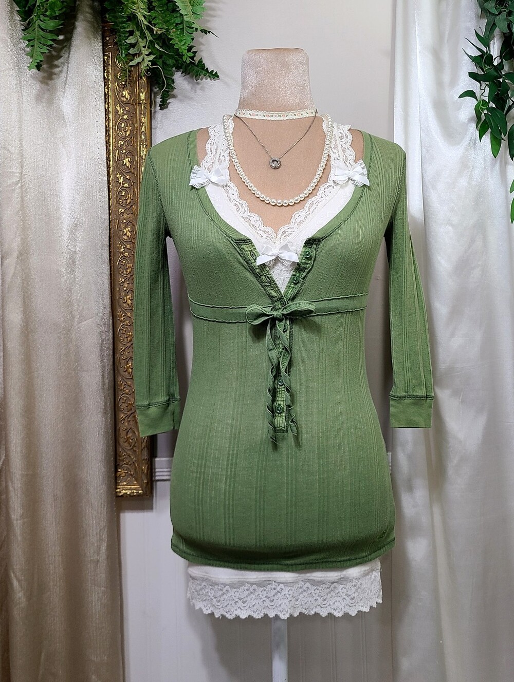 ♡ Y2K ♡ Hollister Moss Green Babydoll Henley Waist Tie Rare 2000s Top
